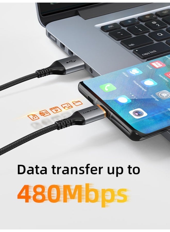 CABLETIME 5A USB A to USB C Fast Charge Cable (5A Quick Charging, Nylon Braided, 60W PD, Compatible with Samsung Galaxy, iPhone 15, iPad, Huawei, Vivo, Oppo, Google Pixel, PD Wall Charger & Laptop - Black - Image 4